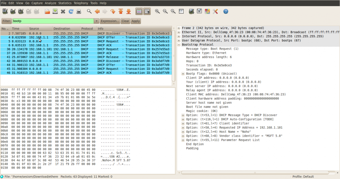 Tela do WireShark com o primeiro pacote DHCP - o DHCP Discover - expandido.